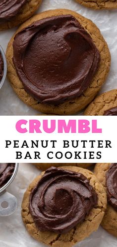 peanut butter cookies with chocolate frosting on top and the words crumbl above them