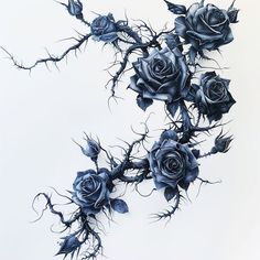 three blue roses that are growing out of some kind of tree branch in front of a white wall