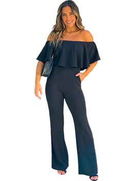 Black Ruffled Off Shoulder High Waist Jumpsuit Casual Black Jumpsuits And Rompers With Ruffles, Casual Black Jumpsuit With Ruffles, Black Ruffled Jumpsuit For Night Out, Black Ruffled Jumpsuits And Rompers For Spring, Fitted Black Jumpsuit With Ruffles, Black Ruffled Jumpsuits And Rompers For Work, Black Workwear Jumpsuits And Rompers With Ruffles, High Waist Jumpsuit, Off Shoulder Jumpsuit