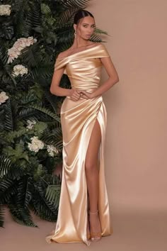 Daisda Champagne Off The Shoulder Prom Dress Charmeuse Split Mermaid Champagne Prom Dress, Formal Wedding Guests, Prom Dresses Long Mermaid, Floor Length Prom Dresses, Prom Dresses Sleeveless, فستان سهرة, Mermaid Prom Dresses, Gold Dress, Custom Dresses