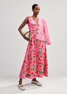 Cotton Sateen Rose Print Maxi Dress | ME+EM Spring Rose Print Dress For Daywear, Chic Pink Dress For Garden Party, Chic Rose Dresses For Summer, Spring Rose Print Dresses, Chic Rose Dresses For Spring, Rose Print Dresses For Spring, Summer Pink Midi Dress For Work, Summer Workwear Pink Midi Dress, Rose Summer Dress For Garden Party