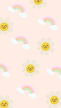 a pink background with sun, clouds and rainbows on the same wallpaper pattern