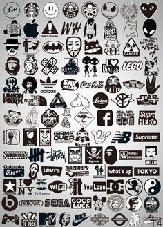 a large collection of logos and stickers on a gray background, all in black and white