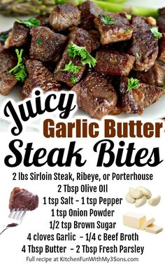 the flyer for juicy garlic butter steak bites