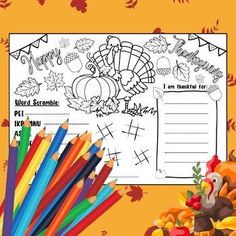 a thanksgiving coloring page with pencils and an image of a turkey in the background