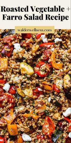 roasted vegetable and farro salad recipe with text overlay