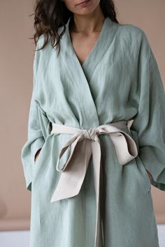 Soft, breathable and light linen robe - it is exactly what you need to cover yourself in a chilly summer mornings or in the evening. It looks beautiful in mint color with sand color belt, but you can have it in deferent colors if you like - just write us! ONE SIZE It comes in one size so you don't have to worry wether it fits or not - it looks beautiful either on petite or a plus size body type. The model is 174 cm / 5'7 ft tall. GARMENT INFORMATION - It has comfortable pockets, wide stylish and Plus Size Luxury Fashion, Linen Robes, Linen Bathrobe, Linen Kimono, Linen Robe, Beautiful Summer Dresses, Linen Tunic, Sash Belt, Womens Robes