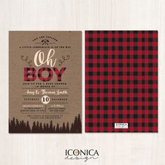 a plaid and lumber themed baby shower is shown with the word oh boy on it