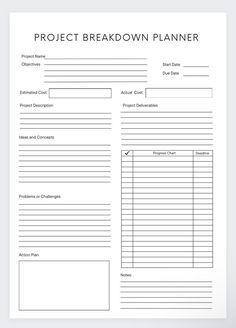 a printable project breakdown planner is shown in black and white, with the title'project breakdown planner '