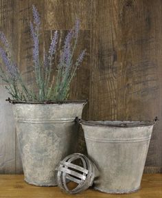 two metal buckets with lavender plants in them