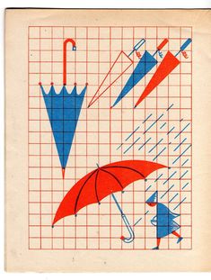 an old book cover with blue and red umbrellas on it's grid pattern