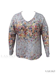 Lasaky - Stylish Plus Size Womens Flora Print Long Sleeve V Neck Tee with Medium Stretch, Perfect for Casual Wear Multicolor Long Sleeve Floral Print T-shirt, 1950 Vintage Dresses, Blazer Suit Women, Y2k Cardigan, Cardigan Y2k, Flora Print, Punk Dress, Y2k Skirt, Mens Cardigan Sweater