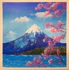 a painting of a mountain with pink flowers in the foreground and water below it