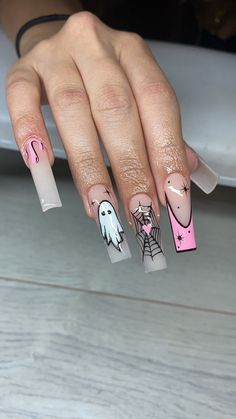 #nails #halloween #nailsofinstagram #nailsart #nailsdesign #halloweenideas #halloweennails #trendy #aesthetic #nailideas #halloweennailideas #almondnails #acrylicnails Halloween Nails Inspo, Cross Nail Designs, Cutesy Halloween, Sports Nails, Blue Nail Art Designs, Cross Nails, Long Acrylic Nail Designs