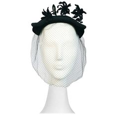 1950s Black Velvet Cocktail Hat with Veil and Flower Embellishments. Black velvet hat with matching veil, velvet flowers, and rhinestone embellishments. Black Velvet Cocktail, Hat With Veil, 50s Pinup, Flower Embellishments, Bridal Hat, Velvet Hat, Velvet Flowers, Cocktail Hat, Royal Outfits