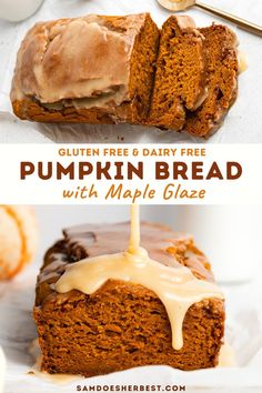 pumpkin bread with maple glaze is cut into slices