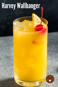 an orange drink with a cherry garnish on the rim and text that reads harvey wallhanger