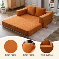 a living room with an orange couch and ottoman