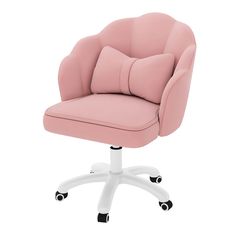 a pink office chair with a pillow on it's back and wheels, against a white background