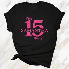 "Custom Quinceañera T-Shirt Please Add name and Text color In \"ADD Personalized\" Section Can be customized for a 16th Bday. Return Policy All orders are made to purchase, and unfortunately there are no returns or exchanges. Standard Shipping is 3-5 Days" Pink Crew Neck T-shirt For Anniversary, Pink T-shirt With Letter Print For Anniversary, Quince Shirts, Quince Court, Quinceanera Court, Sweet 15 Ideas, Glow Birthday Party, Quinceanera Planning, Deer Shirt