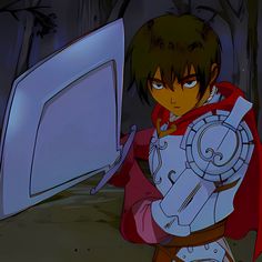 an anime character holding a computer monitor in his hand and looking at the screen behind him