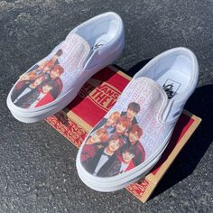 Dance into these custom BTS white slip on vans. We buy each pair of shoes BRAND NEW. Each pair is made to order, please make sure you put in the correct shoe size before you check out. The ink is permanent and will never come off, fade away, or peel off. Made in the USA. This price includes everything: shoes and artwork. Because the artwork is custom-made for you, there are no exchanges or returns. Please know your size before ordering. Please note that the colors of the actual item may slightly White Slip-on Custom Sneakers For Skateboarding, White Slip-on Sneakers For Skateboarding, Love Yourself Album Cover, Custom Slip On Vans, Love Yourself Album, White Slip On Vans, Custom Vans Shoes, Vans Slip On Shoes, Slip On Vans