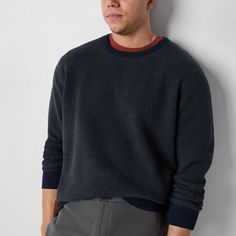 This men's big and tall mutual weave sweater is designed in a relaxed, comfortable fit. It is made from soft, waffle cotton-knit with a crew neckline, long sleeves, and contrast ribbed trims. Perfect for layering over a button-down or t-shirt, pair it with jeans and sneakers.Closure Type: Pullover HeadFit: Classic FitNeckline: Crew NeckSleeve Length: Long SleeveApparel Length: 26 Inches - FrontFiber Content: 60% Cotton, 40% PolyesterFabric Description: KnitCare: Machine Wash, Tumble DryCountry … Tall Sweater, Woven Sweater, Long Sleeve Pullover Sweater, Mens Crew Neck, Big & Tall, Big And Tall, Cotton Knit, Blue Sweaters, Long Sleeve Pullover