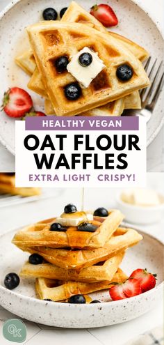 a stack of waffles with blueberries and strawberries on top, next to a