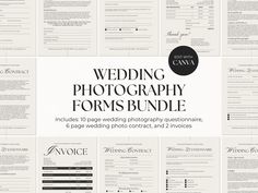 the wedding photography forms bundle is shown in black and white