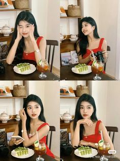 four pictures of a woman sitting at a table with food and drinks in front of her