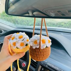 a person holding two baskets with flowers hanging from the ceiling in a car, while driving