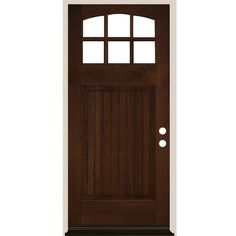 a wooden door with two glass panels on the top and bottom panel, in dark brown