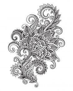 an intricate black and white drawing of flowers with leaves on the side, in front of a