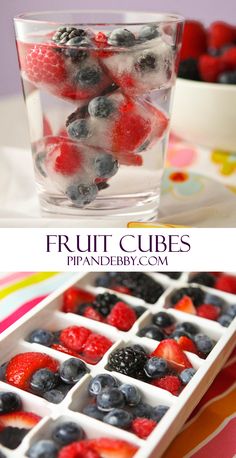 fresh fruit cubes are arranged in an ice tray and placed on a colorful tablecloth