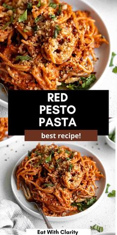 red pesto pasta with parmesan cheese and basil on top in a white bowl