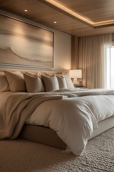 a large bed sitting in a bedroom next to a window