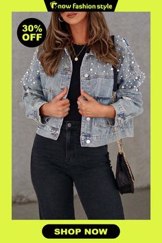 Light Blue Casual Solid Beading Turndown Collar Long Sleeve Denim Jacket Denim Style Casual, Long Sleeve Denim Jacket, Turndown Collar, Fashion Gallery, Jackets Online, Wholesale Fashion, Denim Fashion, Blazer Jacket, Sleeve Styles