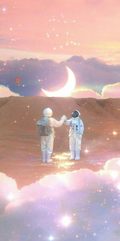 two astronauts shaking hands in the sky with stars and clouds around them, while one looks at the moon