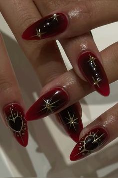 Chrome Heart Nails Designs Short, Gothic Red Nails Acrylic, Red Nails Design Heart, Nails Design Red And Black, Red Goth Nails Short, Misa Inspired Nails, Goth Nails Black And Red, Short Vampy Nails, Vampire Nail Ideas