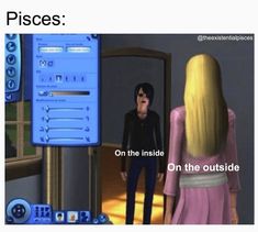 an animated image of a man and woman standing in front of a computer screen with the caption, pisces on the inside on the outside