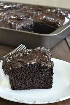 a piece of chocolate cake on a plate with a fork next to it and a pan in the background