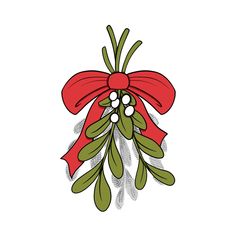 a red bow with green leaves and berries hanging from it's side on a white background