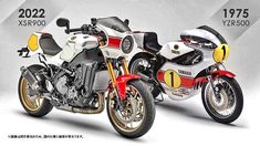 two motorcycles parked side by side in front of a white background with the words yamaha on it