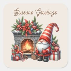 a christmas card with santa claus by the fireplace and presents on it's side