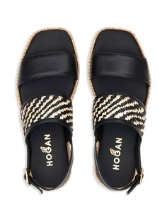 Hogan H660 Woven Leather Sandals - Farfetch Woven Leather Sandals, Woven Raffia, Black And Beige, Leather Weaving, Strap Design, Black Sandals, Leather Sandals, Calf Leather, Open Toe