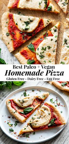 the best palen and vegan homemade pizza is cut into slices on a white plate