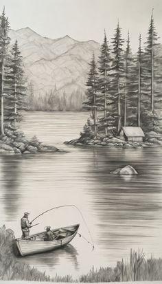 a drawing of a man fishing in a boat on a lake with mountains in the background