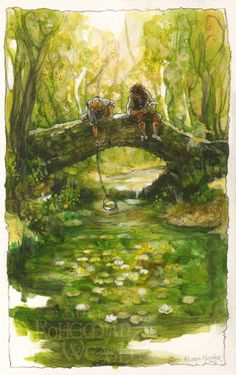 two people sitting on a bridge over a pond