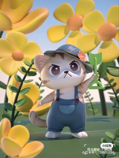 an animal with a hat and overalls standing in front of yellow flowers