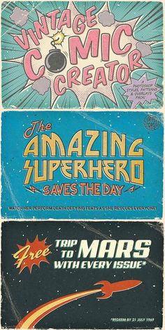 three different types of posters with the words amazing superhero save the day and free to every issue